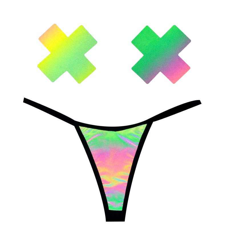 Rainbow Reflective G-String & X Pastie Set