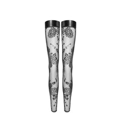 Tulle Stockings w Patterned Flock Embroidery & Power Wetlook Band