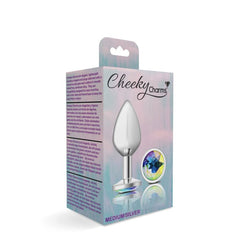 Cheeky Charms Silver Round Butt Plug w Clear Iridescent Jewel Large