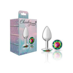 Cheeky Charms Silver Round Butt Plug w Rainbow Jewel Small