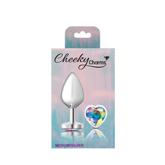 Cheeky Charms Silver Metal  Butt Plug w Heart Clear Jewel Medium