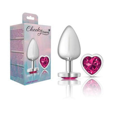 Cheeky Charms Silver Metal  Butt Plug w Heart Pink Jewel Large