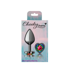 Cheeky Charms Gunmetal  Butt Plug w Heart Rainbow Jewel Medium