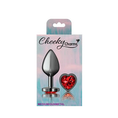 Cheeky Charms Gunmetal  Butt Plug w Heart Red Jewel Medium